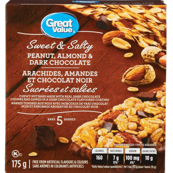 Great Value Sweet & Salty Peanut. Almond & Dark Chocolate Bars. 5 x 175 g